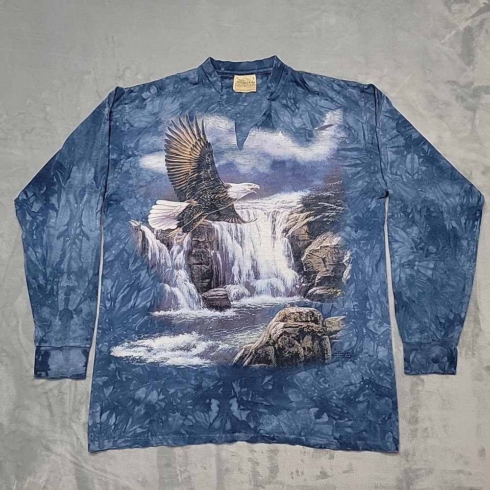 VTG The Mountain Shirt Mens L Blue Eagle Waterfall Nature Tie Dye Grunge Retro